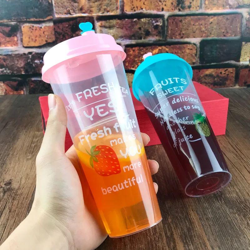 

50pcs Creative transparnet strawberry cup 500ml/700ml disposable fruit juice cold drink plastic cups takeaway package with lid
