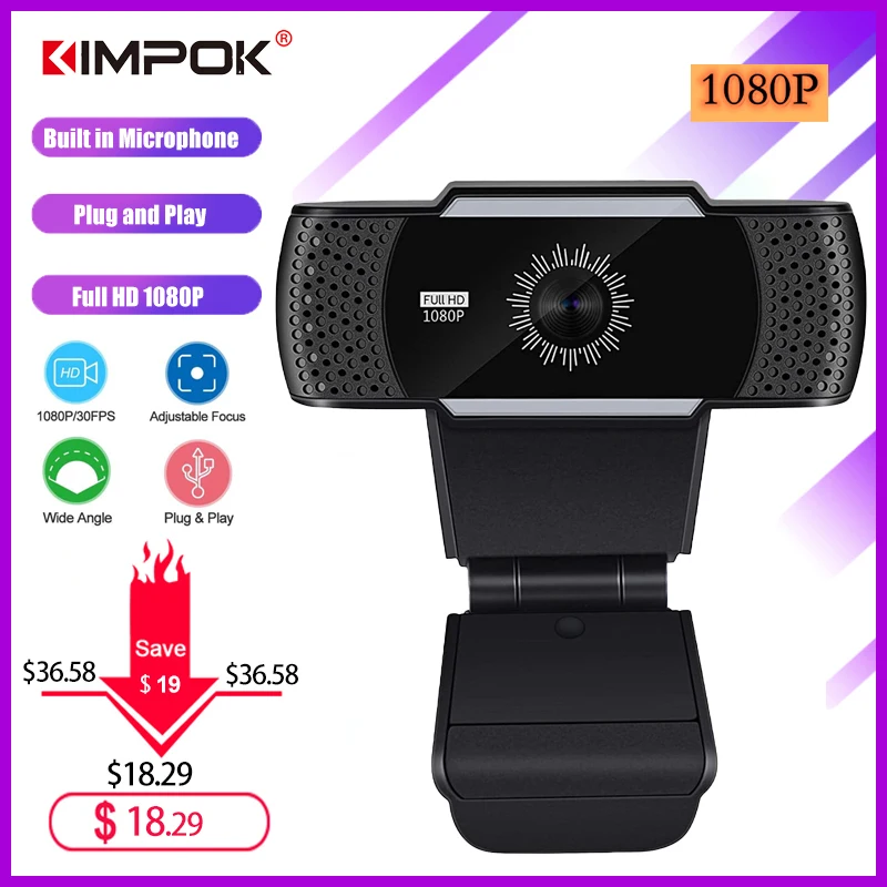 

KIMPOK HD 1080P Webcam Mini Computer PC WebCamera with Microphone Rotatable Cameras for Live Broadcast Video Calling