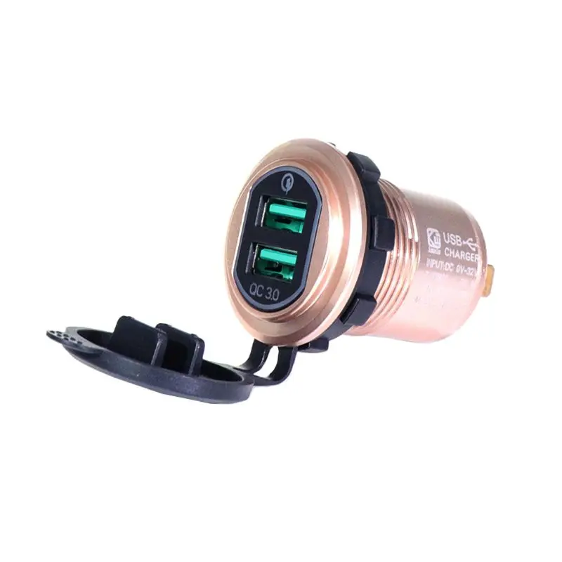 Aluminum Motorcycle Boat 12V/24V QC 3.0 Dual USB Car Charger Power Adapter for Smartphone Tablet PC GPS - Цвет: Золотой