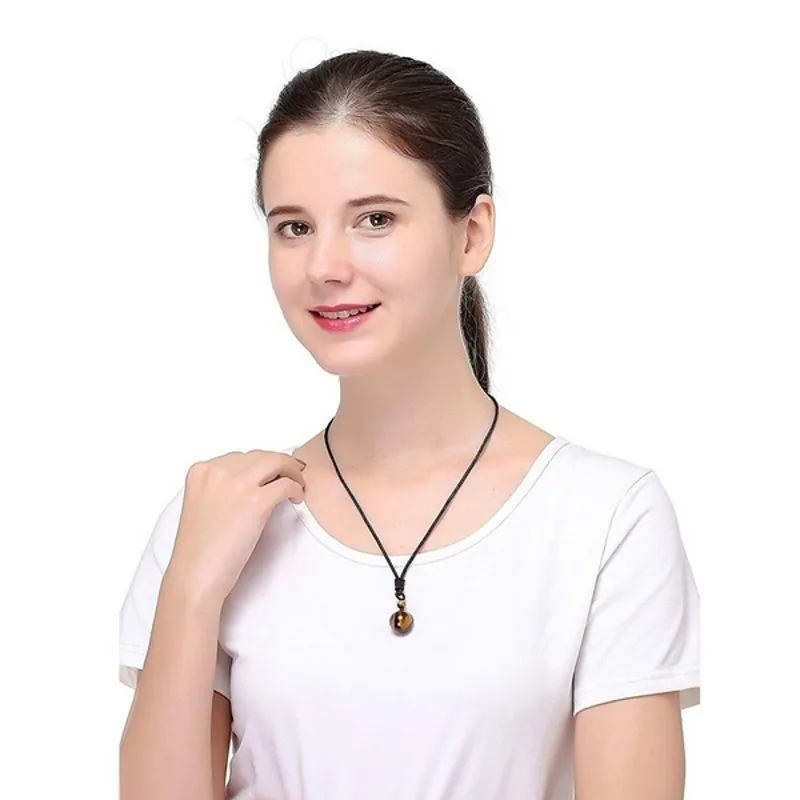 Tiger Eye Stone Lucky Pendant Necklaces For Women Rope Chain Round Obsidian Retro - Image 2