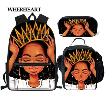 

WHEREISART 3D Print School Bag Set for Teen Girls Children Girl Boy Black America African Brand Design School Backpack Bookbags
