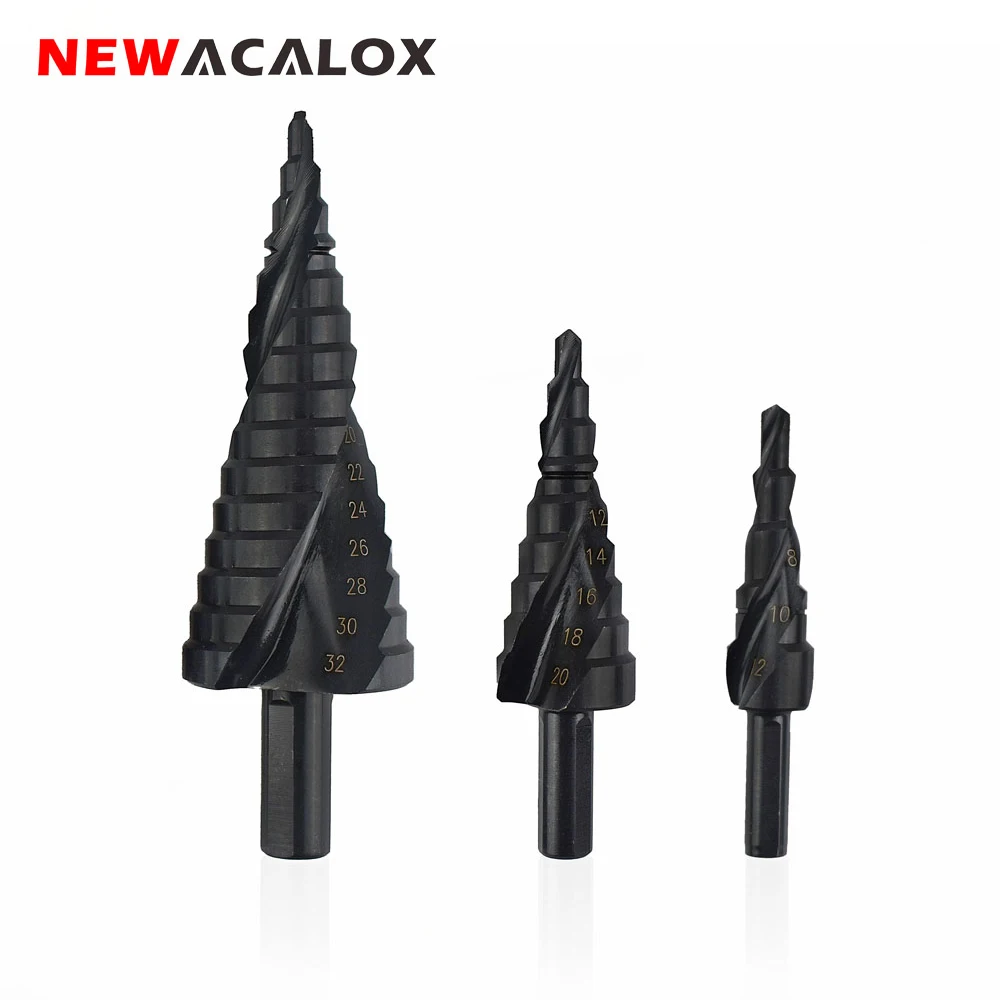 Billig NEWACALOX 4 32MM HSS Kobalt Schritt Bohrer Stickstoff High Speed Stahl Spirale für Metall Kegel Bohrer Set dreieck Schaft Loch Cutter