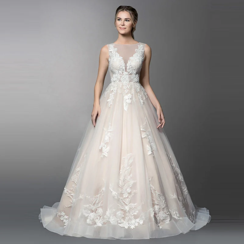

BAZIIINGAAA Luxury Lace Wedding Dress O-NeckSleeveless Floor-Length Design Appliques Plus Size Bridal Wedding Party Dress