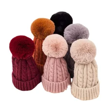 

Winter Women's Pompom Thick Beanie Knitted Hat Plush Lined Warm Skullies Beanies For Lady Girl Crochet Outdoor Warmer Bonnet Cap