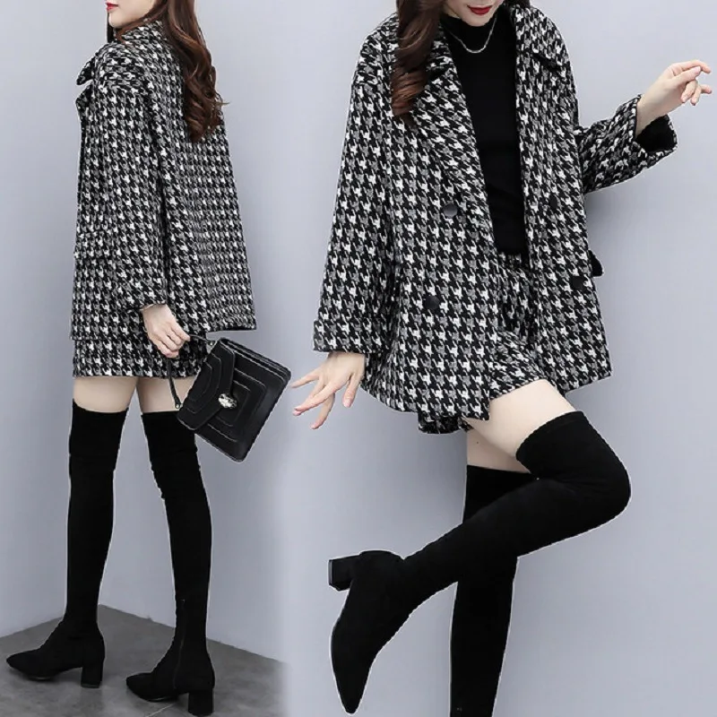 

2019 New Style WOMEN'S Dress Autumn And Winter Two-Piece Pants Thousands of Birds Woolen Jacket Short Shorts Casual Fashion WOME
