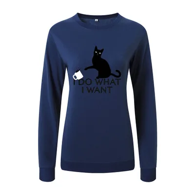 navy blue SINGRAIN кошка Толстовка для женщин Harajuku черный животных топы повседневное осень зима Polerones О образным вырезом негабаритных с буквенным принтом толстовки - Цвет: navy blue