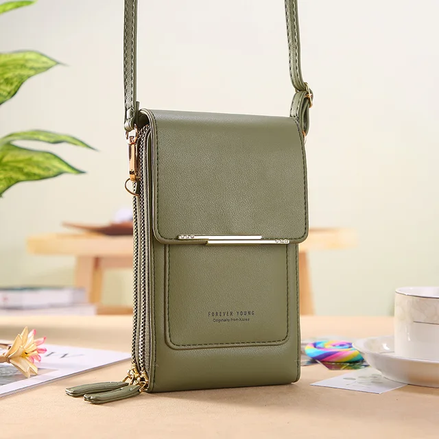Soft Leather Wallets Touch Screen Mobile Phone Bag for Female Mini Card Holder for Key Coin Purse Vertical Crossbody Money Bags Green