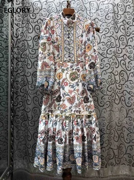 

Vintage Retro Dress 2020 Spring Designer Fashion Style Women Mandaring Collar Tunic Button Long Sleeve Dress High Quality