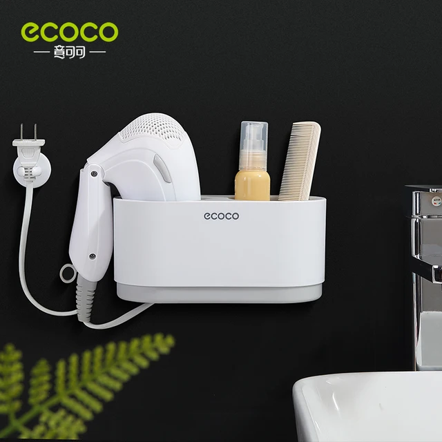 ECOCO Hair Dryer Rack Wall Mounted Punch Free Bathroom Accessories Set Home Bathroom Shelve Bathroom Holder Tool Drainage gray