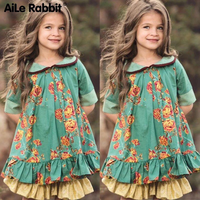 Модное платье с цветочным рисунком для девочек популярная детская одежда в британском стиле для От 3 до 12 лет девочек; Фирменная фирменная одежда