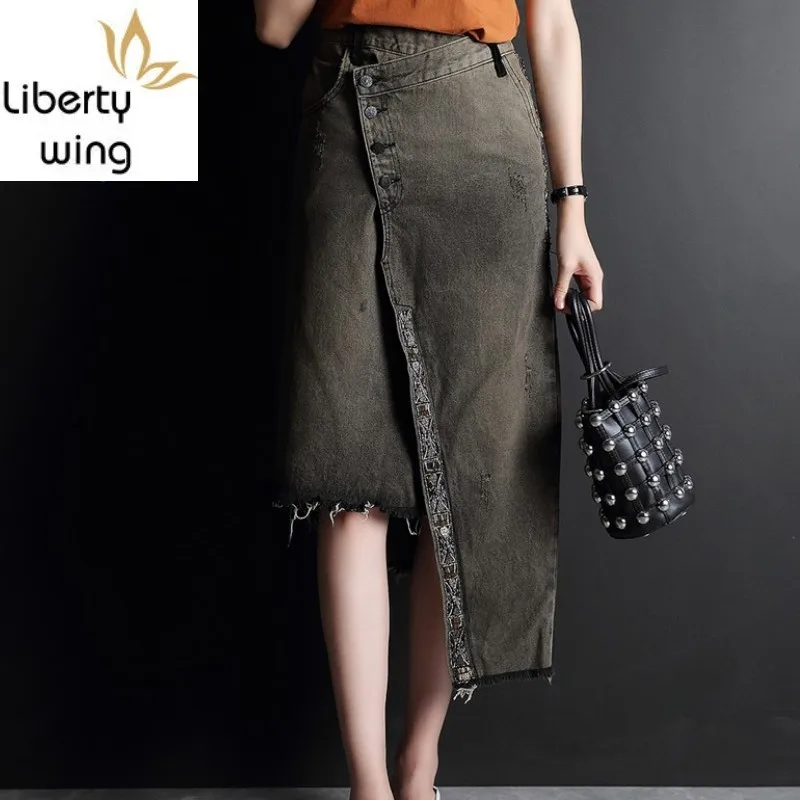 

Fashion High Waist Denim Womens New Vintage Asymmetrical Wrap Skirt Beading Tassel A-Line Midi Jean Skirts S-3XL