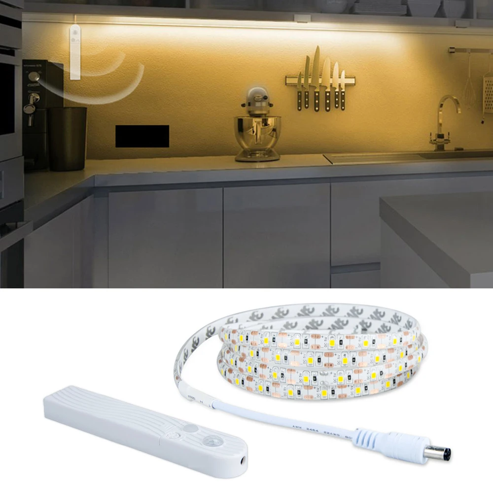 

LED Under Cabinet light Night Lamp with Wireless PIR Motion Sensor AAA Battery Powered LED Strip Light 60 LEDs/m Diode Tape Lamp