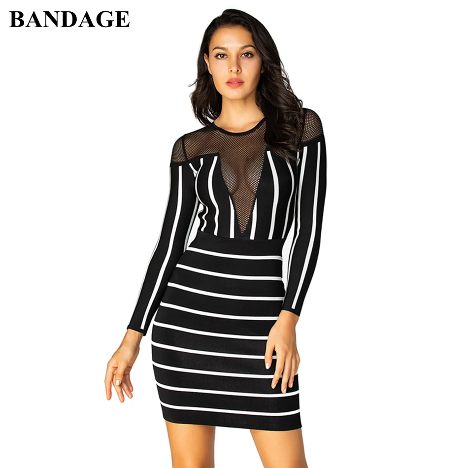 striped long sleeve bodycon dress
