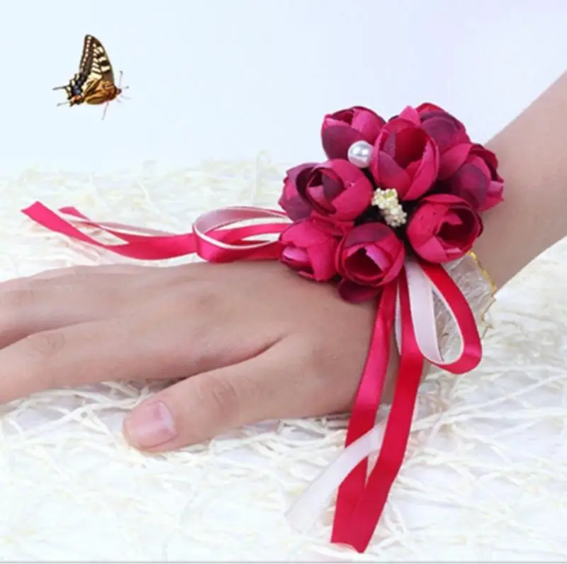Имитация розы Кружева Девушки корсаж декор невесты подружки невесты искусственный наручный браслет с цветами Свадебная вечеринка Выпускной на запястье цветы браслет