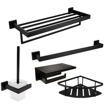 

304 Stainless Steel Brushed Wall Mount Towel Bar Paper Holder Bathroom Storage Rack Accessories Sets Shower Room Shelf Black