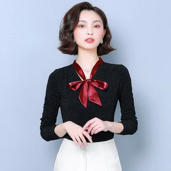 

9848 Solid Color Knit Low Waist Jersey Women's Spring New Style Tops Bow Lace-up Versatile