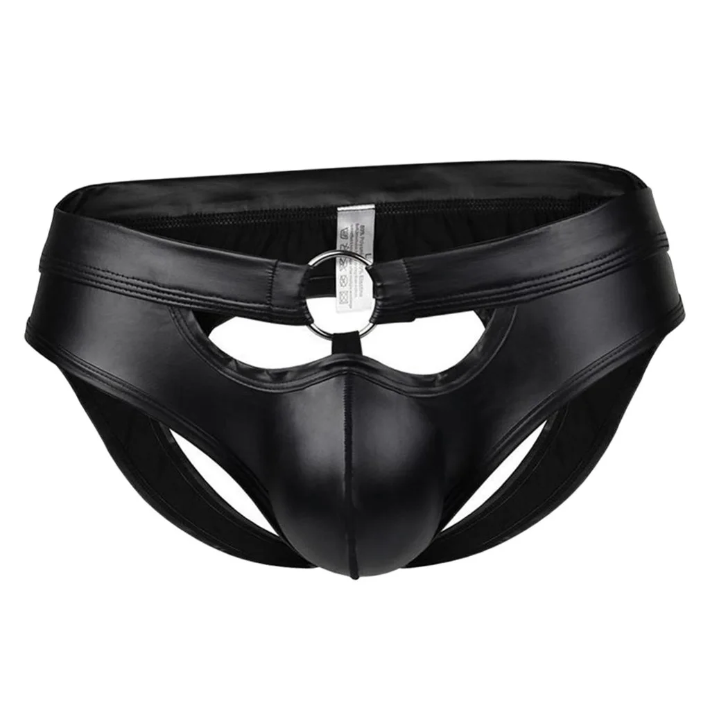 Sexy Men PU Leather Briefs Bulge Pouch Erotic Low Waist Open Butt Bikini Jockstrap Underpants Nightwear