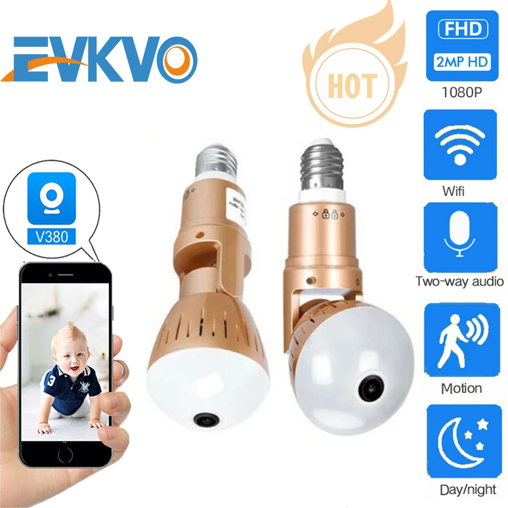 

EVKVO 1080P Wireless IP Camera Bulb Light Lamp 360 degree FishEye Panoramic Home Camera 2MP Night Vision Security P2P WiFi Cam