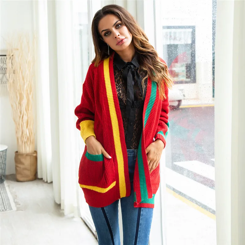 

Christmas Womens Designer Sweater Fashion Luxury Clothes Contrast Color Big Pocket Cardigan Sweater Womens Casual Kniter