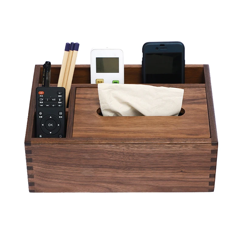 

Pastoral retro multi-function black walnut tissue box remote control storage box Unique handmade wooden home storage