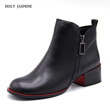 

2020 Winter New Square Heel Round Toe Women Genuine Leather Buckle Ankle Boots Kitten Heel Oxford Boots Side Zipper Casual Shoes