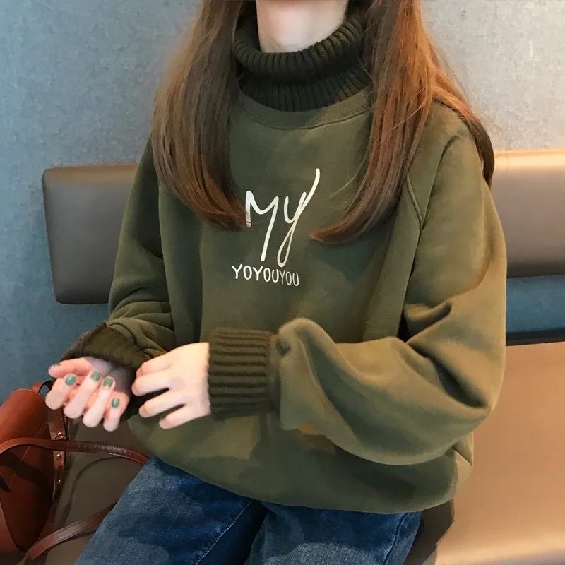 Ins fashion letters plus velvet thick sweatshirt women winter new Harajuku high collar loose hooded casual female sweatshirt - Цвет: green