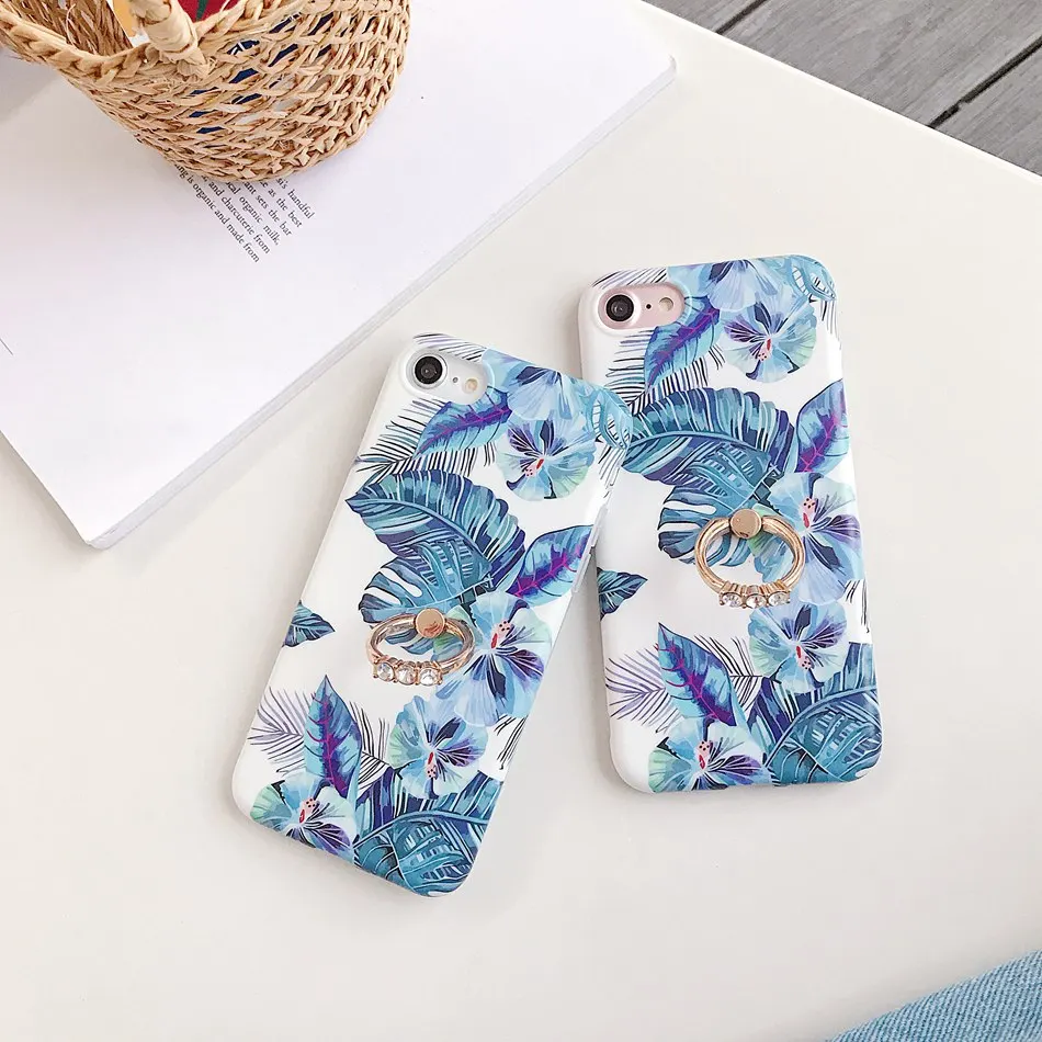 

For iPhone 7 Plus XR X XS Max Case Literary Blue Leaf With Drill Ring Bracket Holder Cover For iPhone 8 6 6s Plus Soft TPU Coque