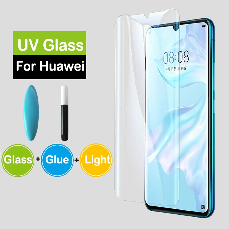 100D UV Liquid Full Glue Tempered Glass For Huawei P40 P30 Pro UV Glue Screen Protector For