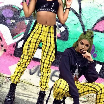 

Yellow Plaid High Waist Pants Women 2020 Spring New Fashion Youth Casual Straight Korean Pants Overalls Trousers Pockets