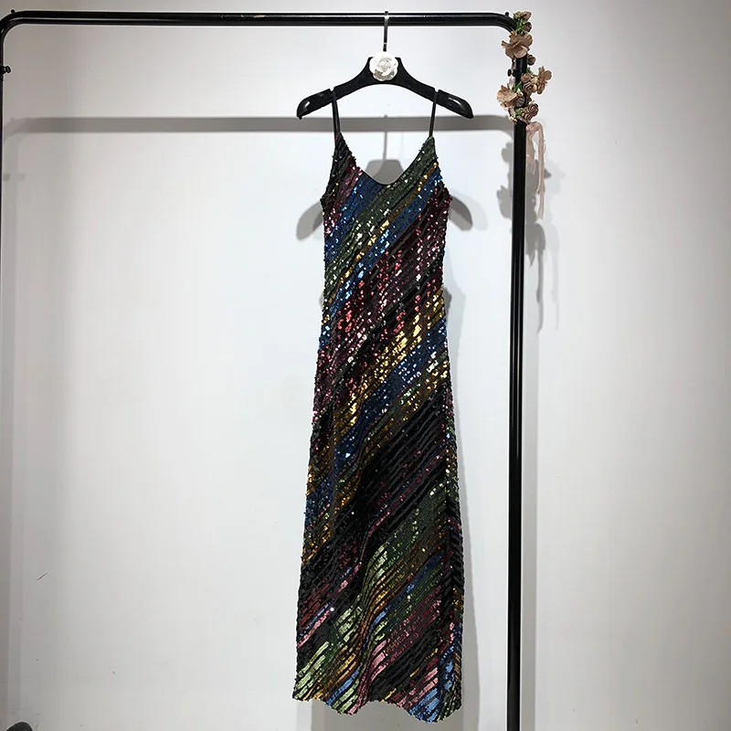 

Cakucool New Slip Dress Shiny Rainbow Colorful Sequined Bling Extra Long Vestido Chic Slim Sexy Party Korean Spaghetti Dress