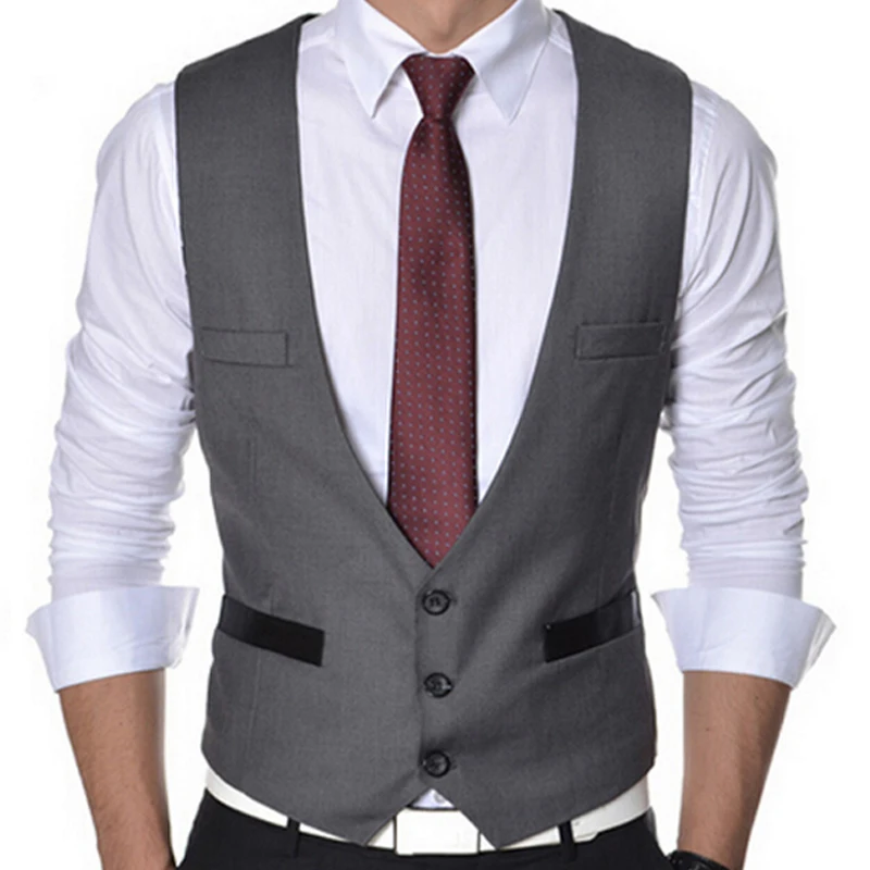 Gray Slim fit Men Vest for One piece Man Suit Waistcoat New Fashion Custom V Neck Groomsmen Tuxedo Gentleman Waist Coat 2