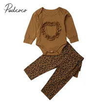 Коллекция года, весенне-осенняя одежда для малышей Комплект из 2 предметов для маленьких мальчиков и девочек, топы в форме сердца, комбинезон с леопардовым принтом, длинные штаны, одежда