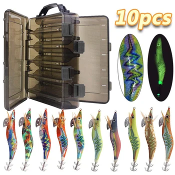 HOT OFFER ❤️ 10pcs/box Luminous Squid fishing bait hooks Wooden Shrimp jigs Fishing Lures hook 12g 15g Artificial bait with double layer box - discount item 30% OFF Sports & Entertainment