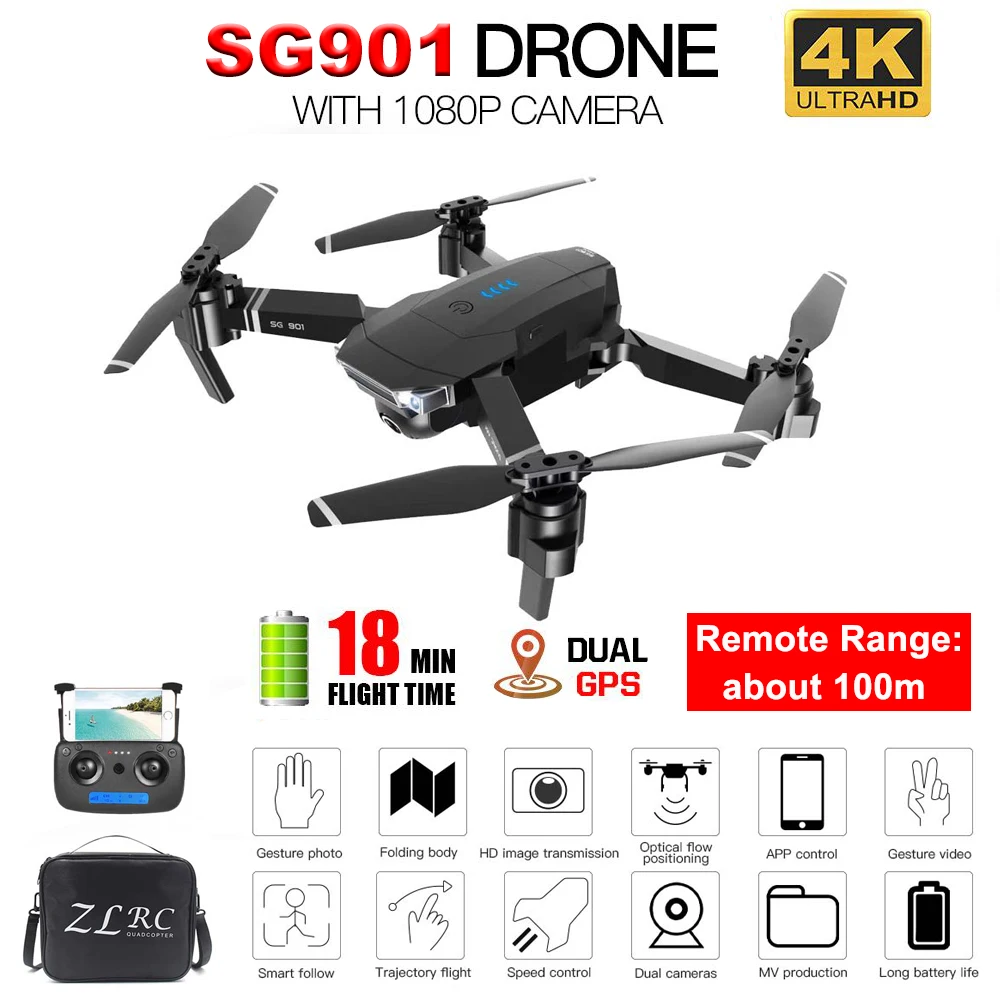 Мини Дрон 4K ZLL SG901 с камерой 1080P Радиоуправляемый GPS позиционирование оптического