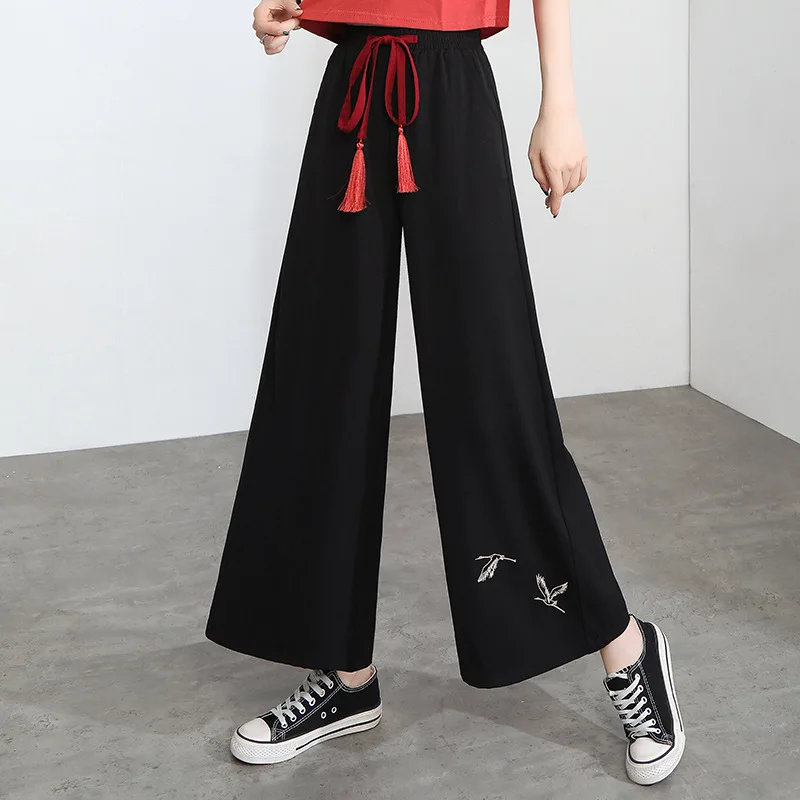 Women Pants Chinese Style Women's Pants New Summer Hippie Ethnic Loose Black Slit Wide Leg Pant Femme Pantalones Kimonos Trousers F3193
