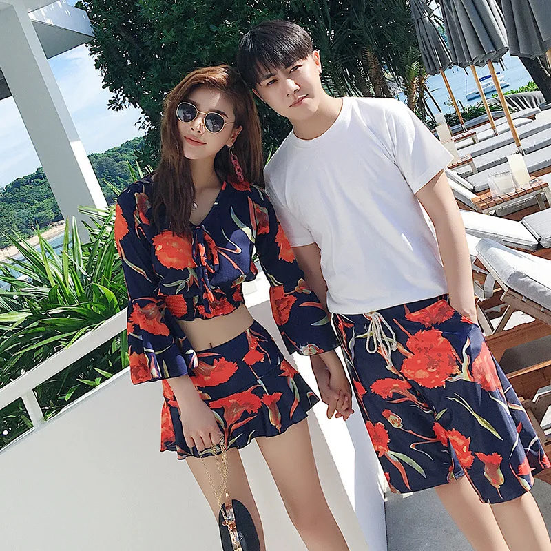 

Couples Bathing Suit Women's Three-piece Set Skirt Bikini Underwire Small Bust Gathering Hot Springs-Slimming COUPLE'S Swimsuit