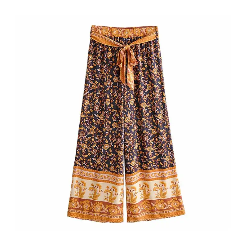 Винтажные широкие брюки с цветочным принтом для женщин 2019 Мода boho шикарный летний галстук-бабочка пояса эластичная талия пляжные брюки