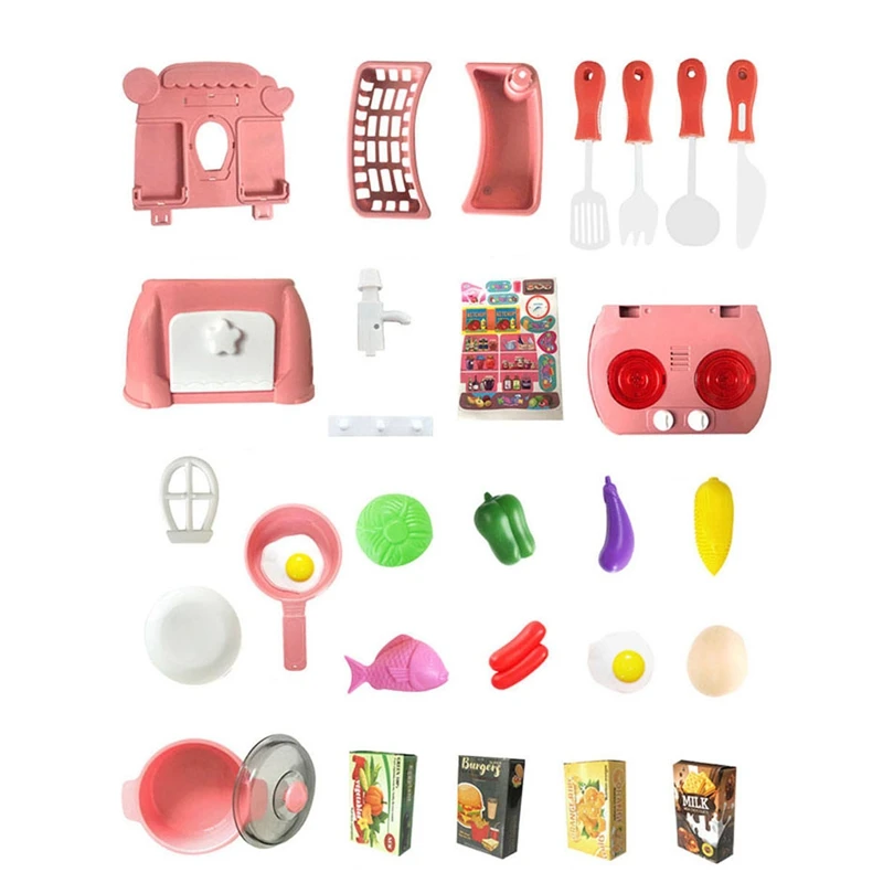 Baby Miniature Kitchen Plastic Pretend Play Food Children Toys with Music Light Kids Cooking Toy Set for Girls Gifts Pink