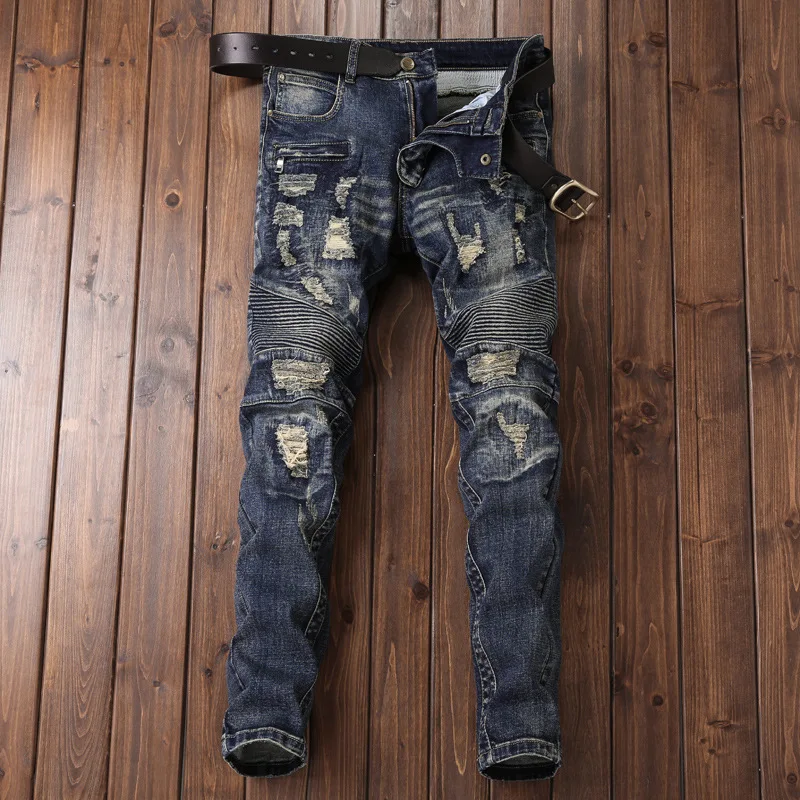 

and American style fashionable motorcycle jeans men's slim and nostalgic elastic perforated beggar men's trousers