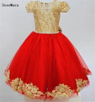 

Red Tulle Gold Lace Little Girls Clothes for Birthday O Neck Ankle Length Kids Pageant Party Gown party outfit birthday dress