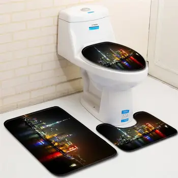 

1 Set of 3pcs Bathroom Mat Supplies Shanghai Night Scene Printed Floor Mat Toilet Rug Closestool Lid Cover