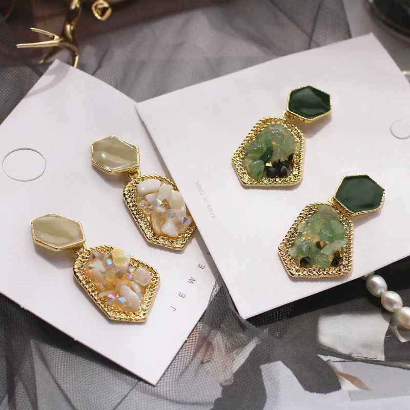 

2019 New Trend 925 Silver Vintage Retro Geometric Irregular Mosaic Shell Drop Earrings for Women Girl Wedding Party Jewelry Gift