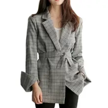  Spring Autumn Women Gray Plaid Office Lady Blazer Fashion Bow Sashes Split Sleeve Jackets Elegant Work Blazers Feminino 