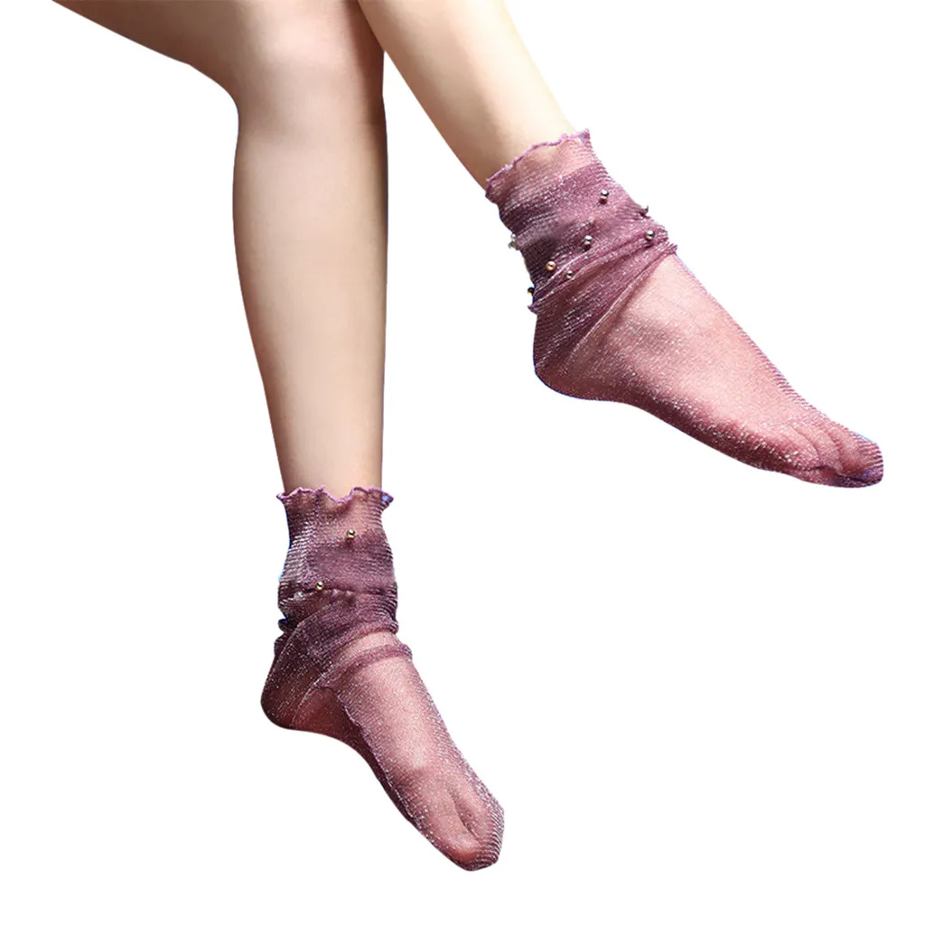 Новинка; яркие шелковые носки с бусинами; женские ажурные короткие носки из сетчатой ткани с оборками и сеткой; яркие серебряные короткие носки; calcetines mujer# yl