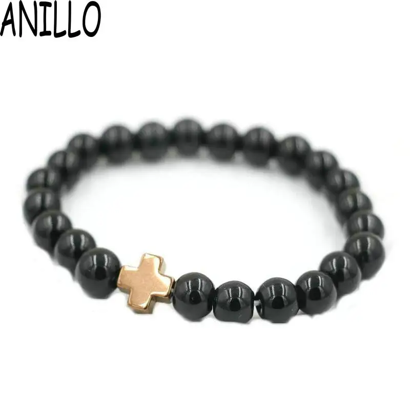 Мужской браслет ANILLO из черного камня 8 мм|bracelet jewelry|yoga jewelrycross bracelet |