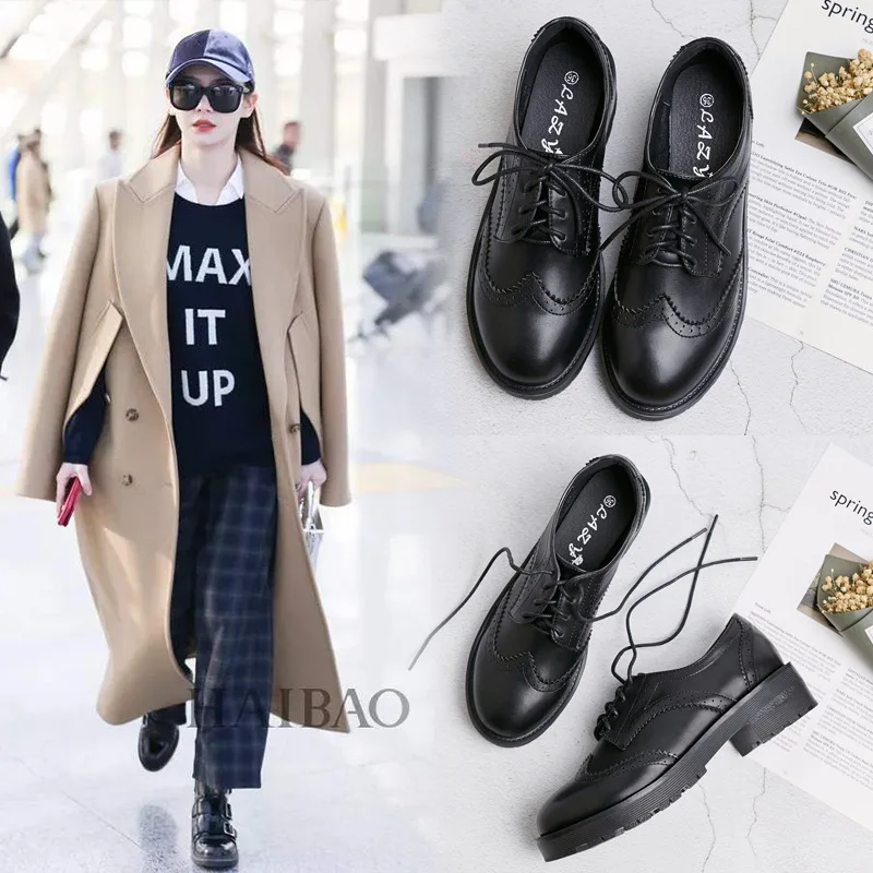 

England Small Leather Shoes Women's 2020 Spring New Style Students Semi-high Heeled Chunky Documentary Shoes Women's round-Toe L