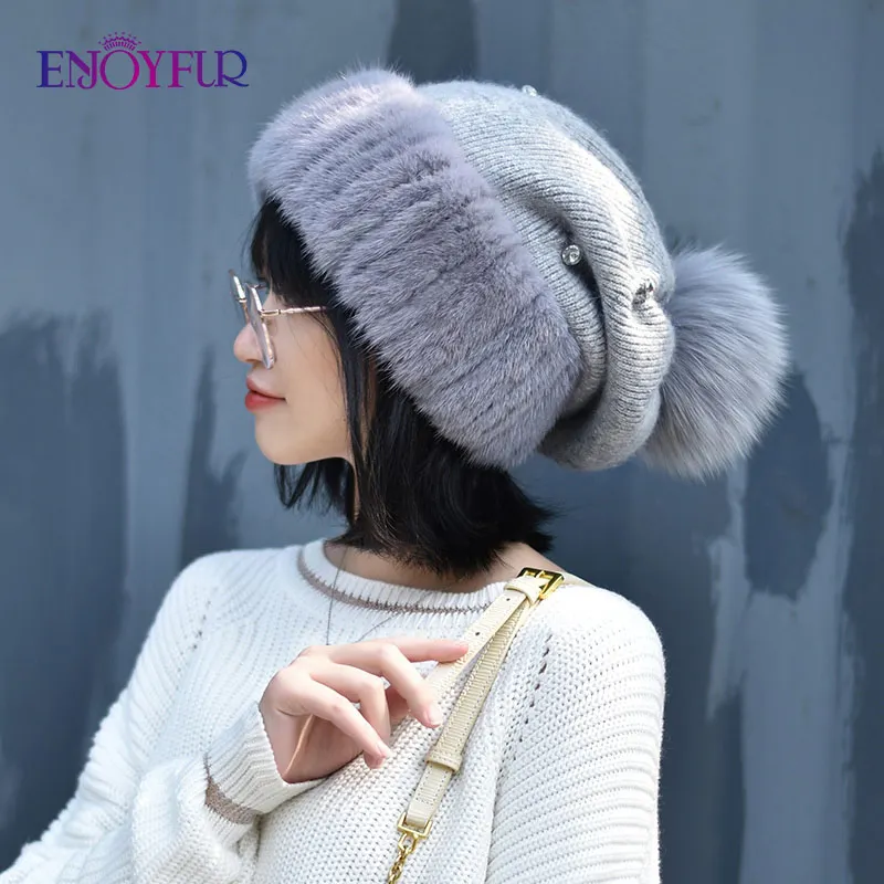 ENJOYFUR Warm Mink Fur Knit Women Hats Real Fur Pompom Winter Wool Caps Thick Double Lined