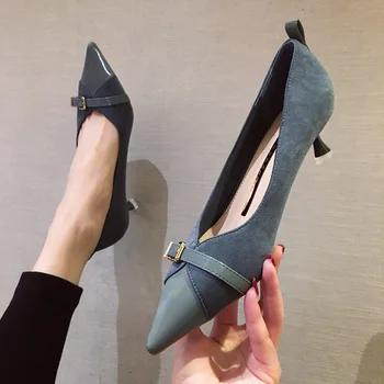 

2020 Spring and Autumn New Fashion Wild High Heels 5CM Mid-heeled Stiletto Pointed Shallow Mouth Belt Buckle Women's Shoes