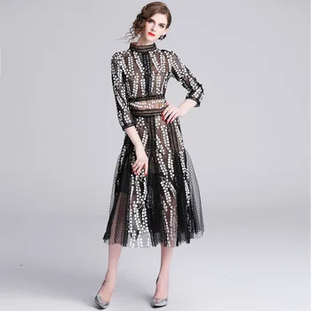 

Embroidery Party Dresses Runway Designer Floral Bohemian Flower Embroidered Vintage Boho Mesh Dresses Women Mesh Black Vestidos