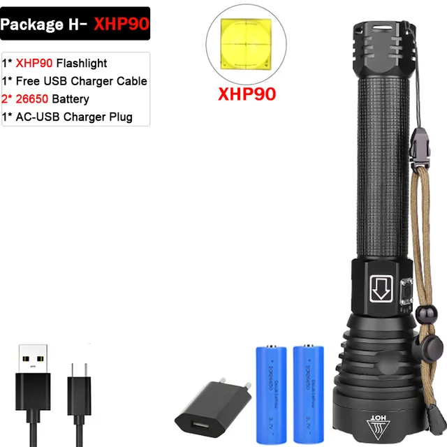 Package H Яркий Перезаряжаемый светодиодный светильник-вспышка XHP70.2, супер мощный фонарь, водонепроницаемый фонарь с зумом, охотничий светильник, 18650 или 26650 Battey - Испускаемый цвет: Package H
